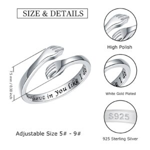 Hug Ring Sterling Silver Adjustable,White Gold Plated Couple Believe In You Like I Do Hug Ring Hugging Rings for Women Men, Friendship Love Rings Wrap Around Hand Ring Jewelry for Teen Girls Sizes 6-9