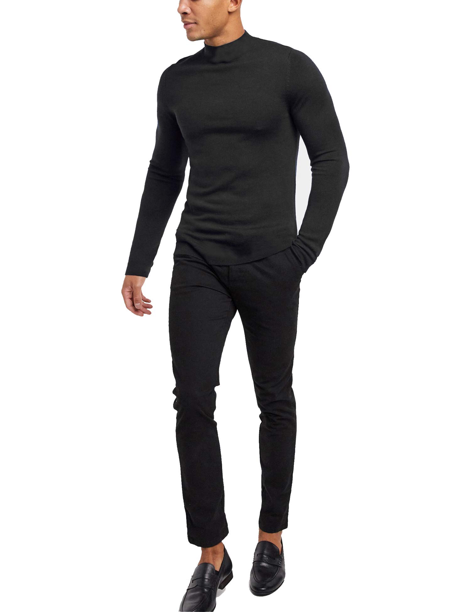 KINGBEGA Men's Regular Fit Basic Lightweight Long Sleeve Pullover Shirt Mock Turtleneck, Black 1, Large