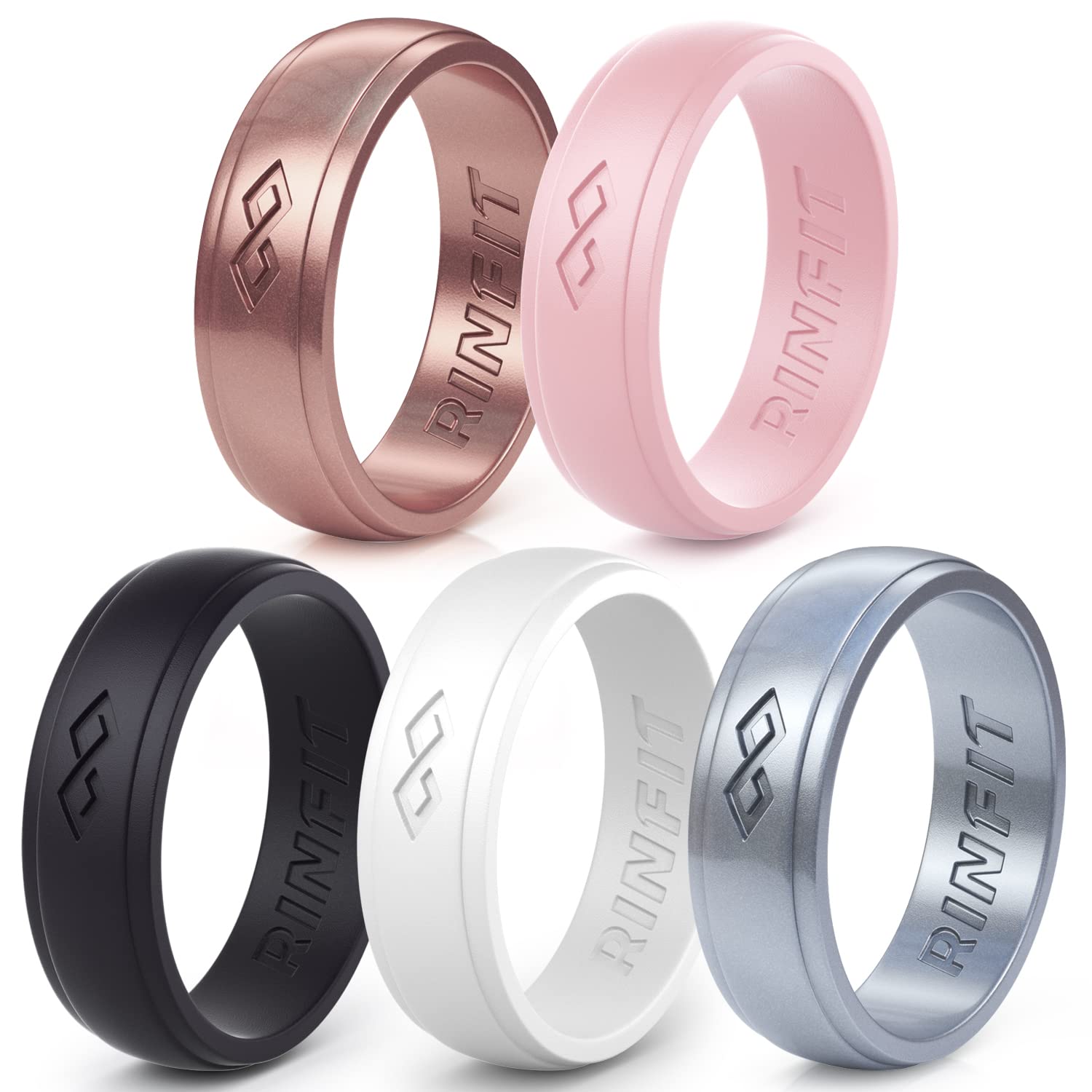 Rinfit Silicone Rings for Women - Infinity Rubber Wedding Bands Sets for Her - Matching Silicone Rings for Couples - Patented Design - Rose Gold, Pink, Black, White, Silver, Size 6