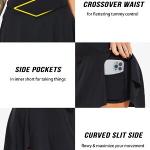 TZLDN Women's Tennis Skirt with Shorts Pockets Crossover High Waisted Workout Athletic Golf Skorts Skirts Black - X-Large