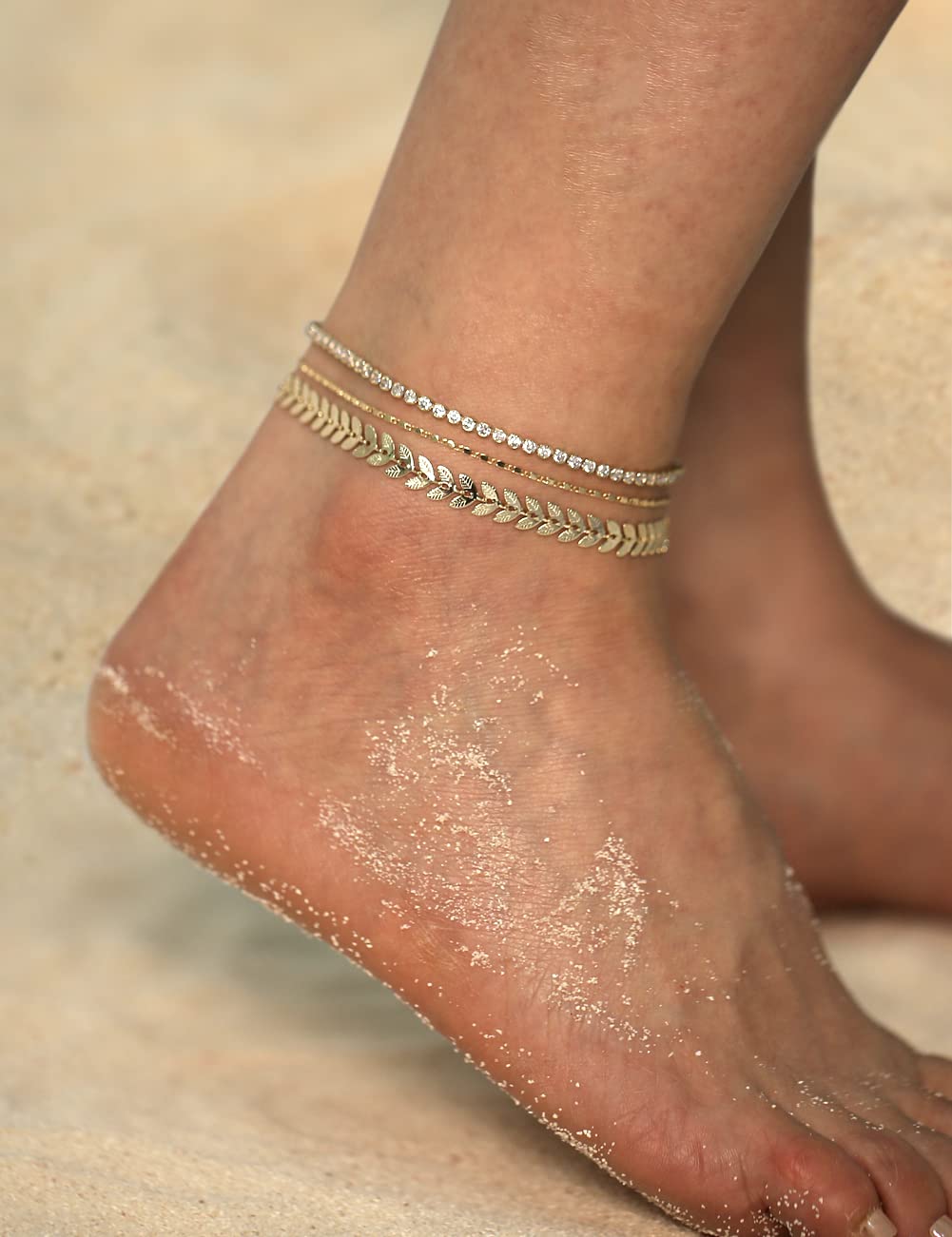 Tennis Gold Ankle Bracelets for Women 14k Gold Plated Anklet Gold Crystal Cubic Zirconia Rhinestone Anklet Leaf Handmade Chain Dainty Layered Anklet Set 3Pcs