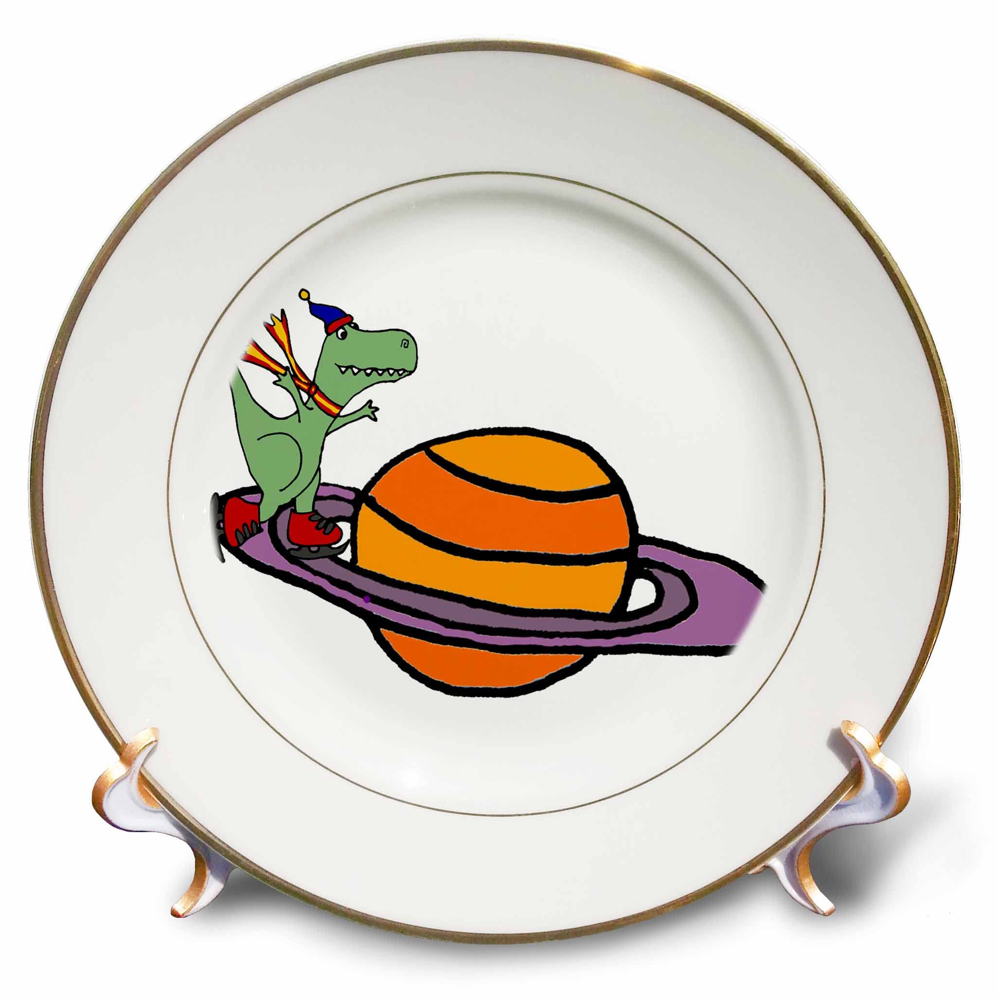 3dRose 8 inch Porcelain Plate - Cute Funny Green T-rex Dinosaur Ice Sking on Saturn Ring Dinosaurs