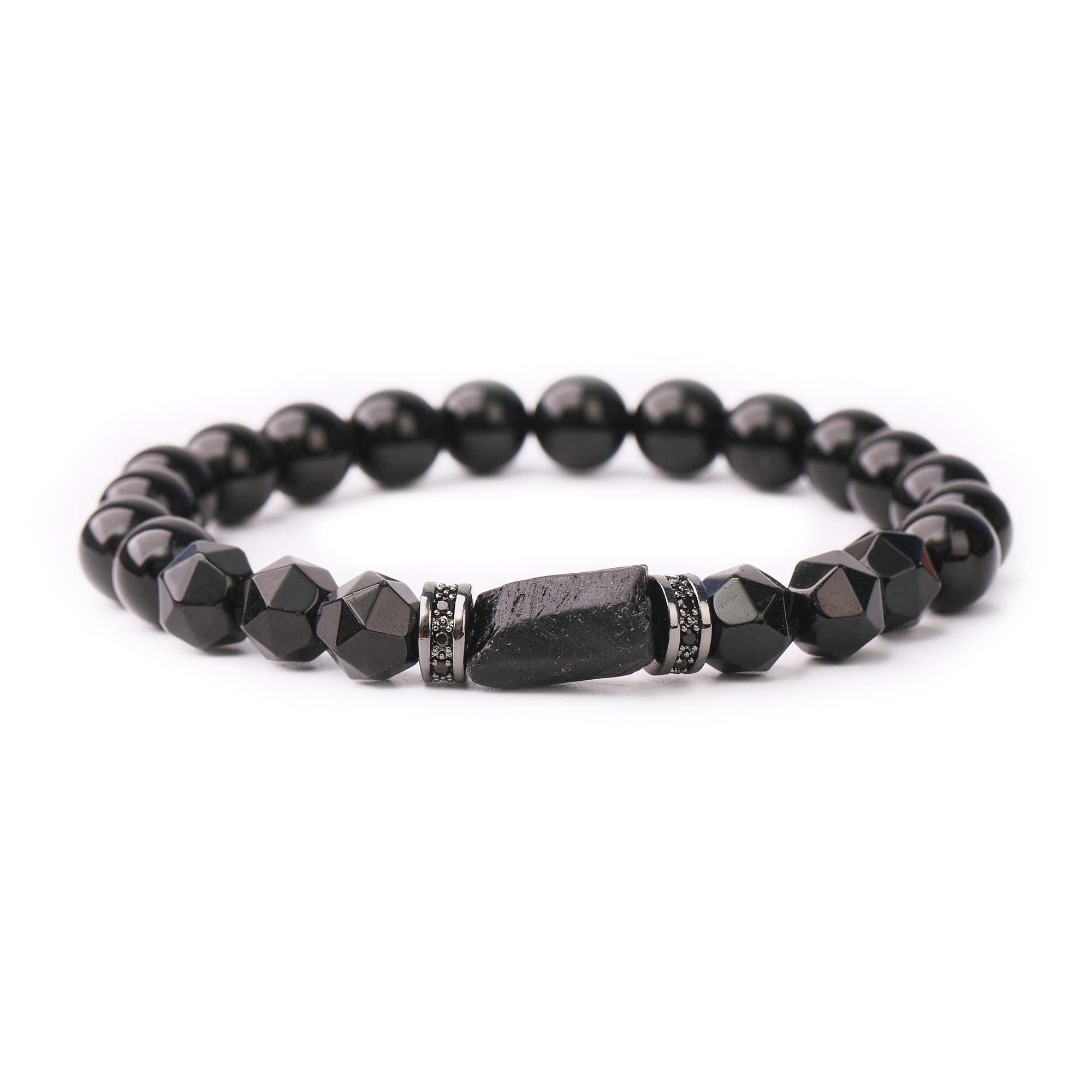 Handmade Natural Stone Black Tourmaline & Black Onyx Beaded Bracelet Men's and Women's