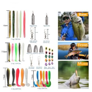 YOUHOT Fishing Lures Soft Bionic Bait 93PCS Set with Paddle Tail Swimbaits Worms Fishing Swivels & Snaps Weights Beads for Bass Fishing