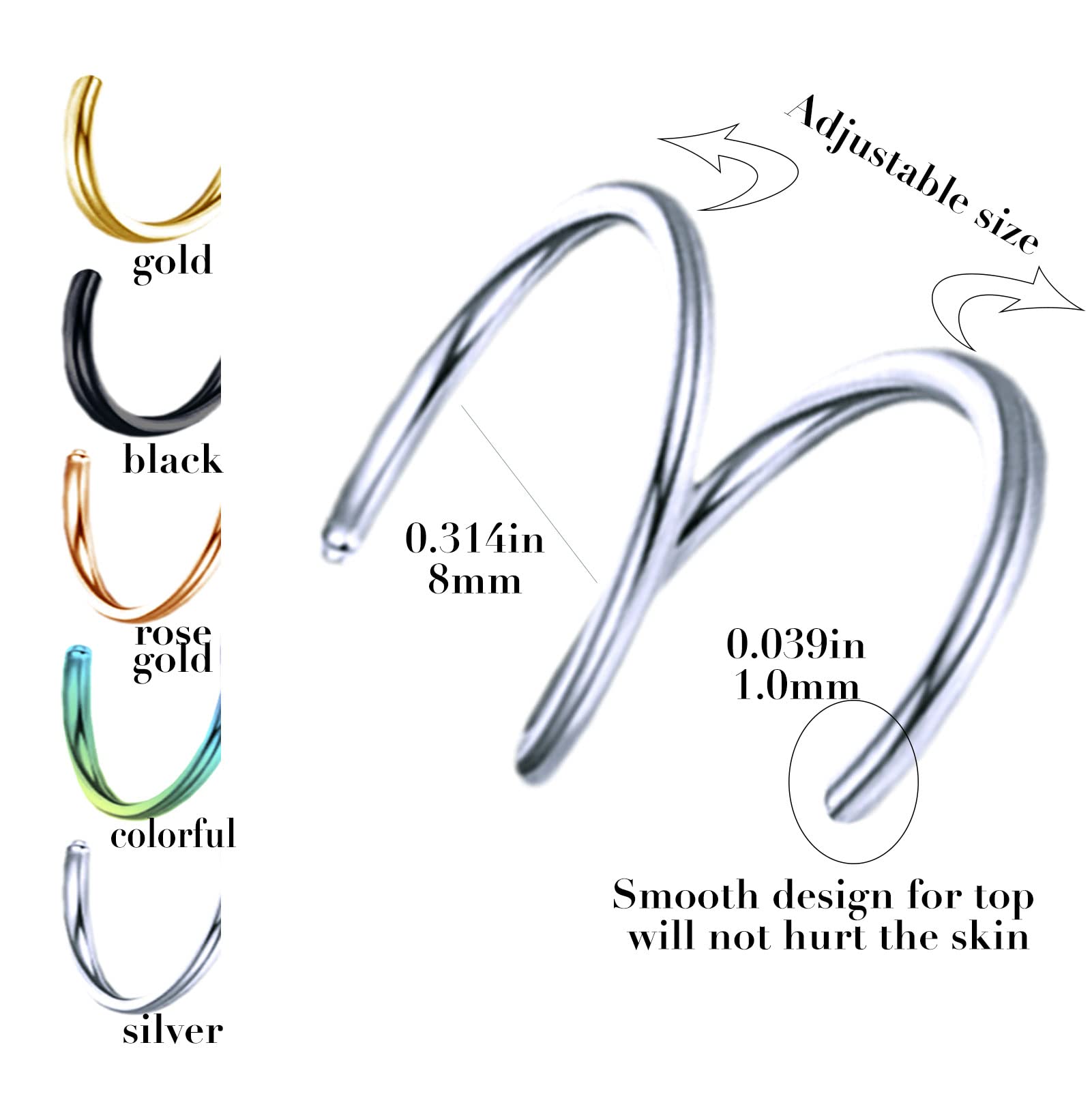 Jamboo Double Nose Ring Hoop Double Hoop Nose Ring for Single Piercing Surgical Steel Spiral Nose Ring Hoop 18G Double Nose Hoops for Women Men (3 Black Silver Rose Gold 18G)