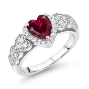 Gem Stone King 925 Sterling Silver Heart Shape Created Ruby and White Moissanite Women Ring (1.14 Cttw, Heart Shape 6MM, Available In Size 5, 6, 7, 8, 9)