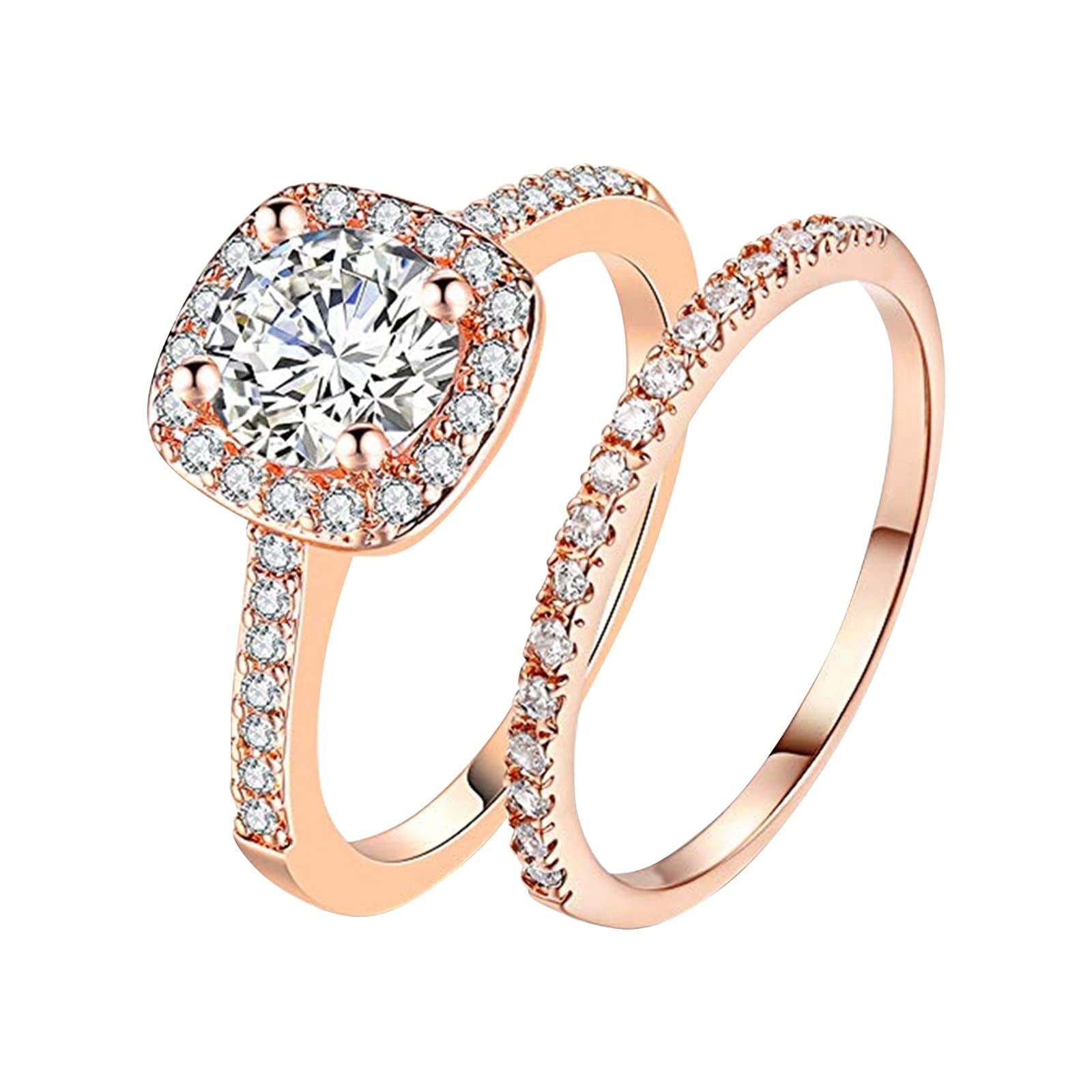 Engagement Rings Wedding Bands Stacking Women Engagement Wedding 2Pcs Set Cubic Zirconia 925 Sterling Silver Rings Size 6-10 for Women/Girl Finger Rings DIY Jewelry Gifts (Rose Gold, 7)