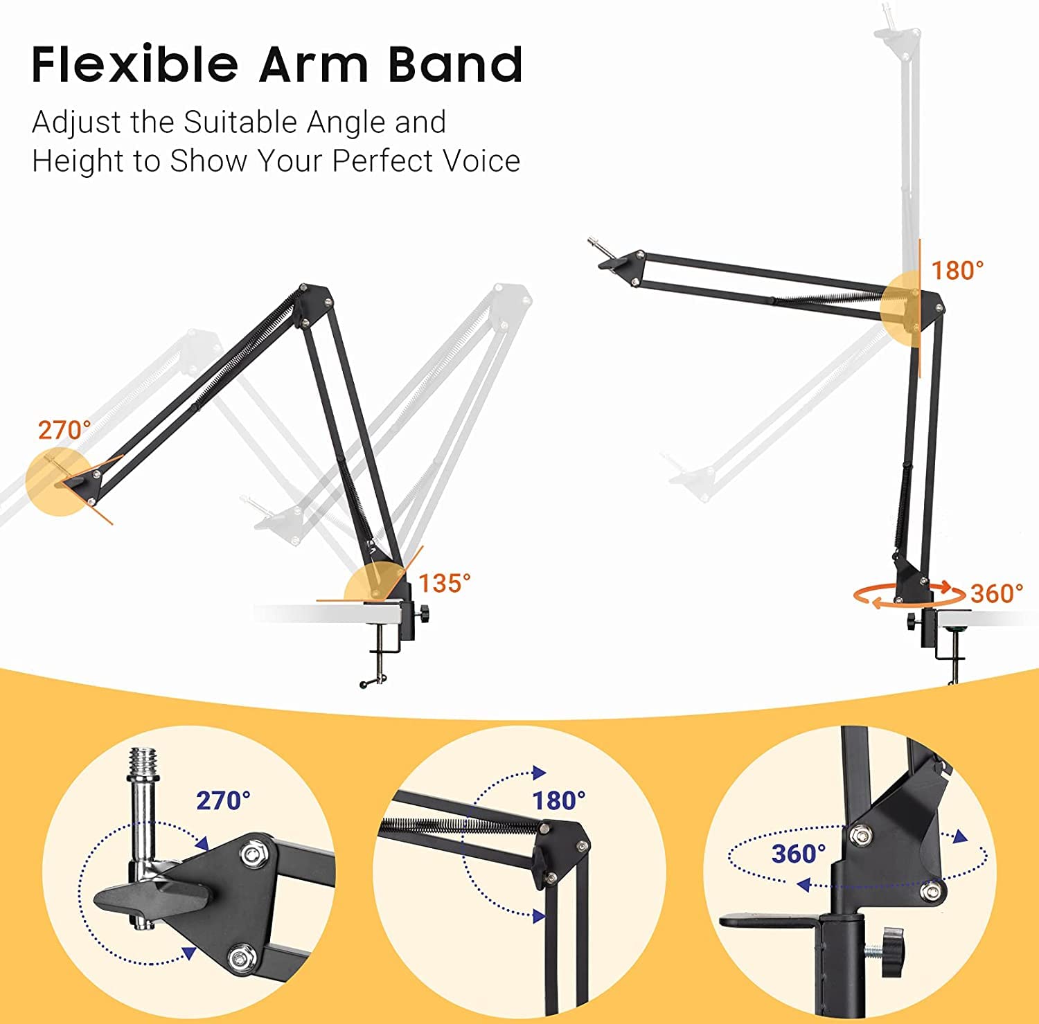 CAHAYA Microphone Arm Stand Boom Suspension Stand with 3/8" to 5/8" Screw Adapter, Mic Clip for Blue Yeti Nano Snowball Ice and Other Mics CY0262-1