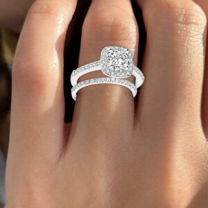 Engagement Rings Wedding Bands Stacking Women Engagement Wedding 2Pcs Set Cubic Zirconia 925 Sterling Silver Rings Size 6-10 for Women/Girl Finger Rings DIY Jewelry Gifts (Silver, 11)