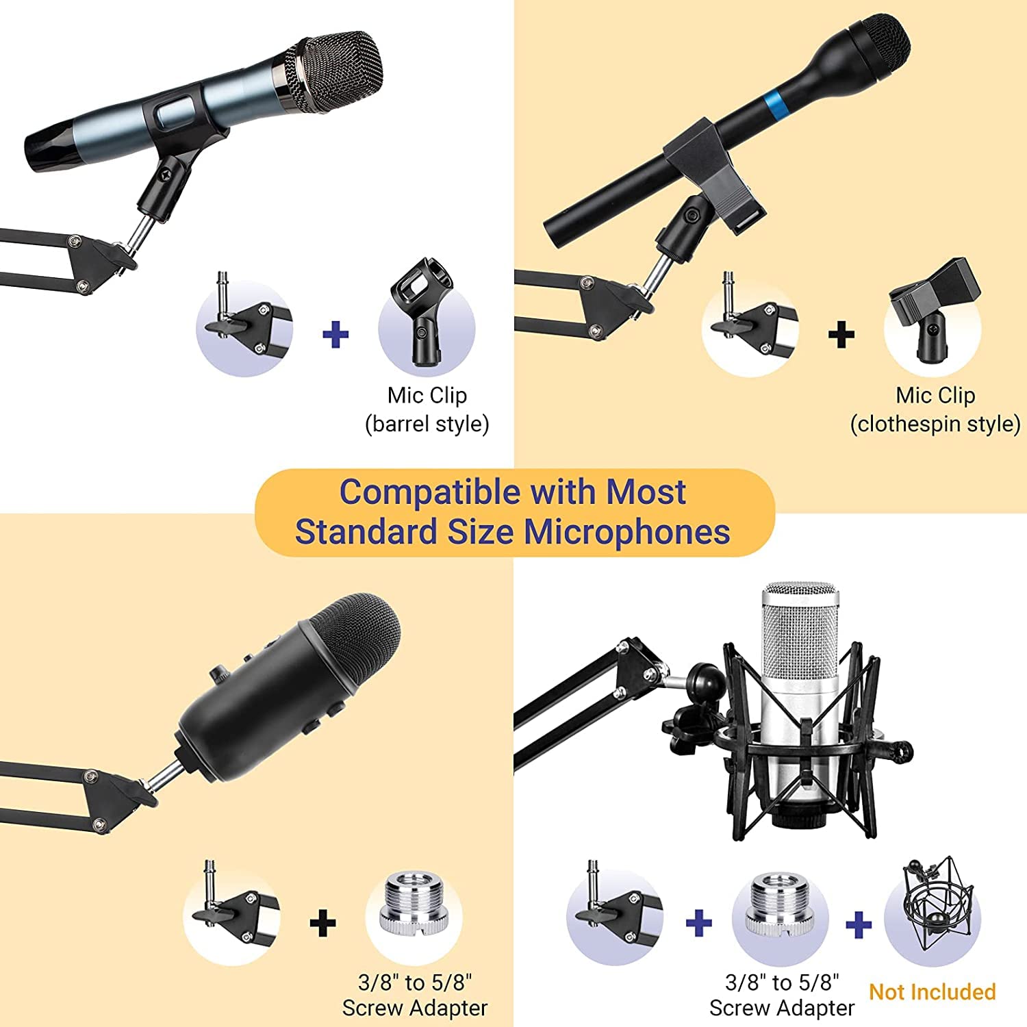 CAHAYA Microphone Arm Stand Boom Suspension Stand with 3/8" to 5/8" Screw Adapter, Mic Clip for Blue Yeti Nano Snowball Ice and Other Mics CY0262-1