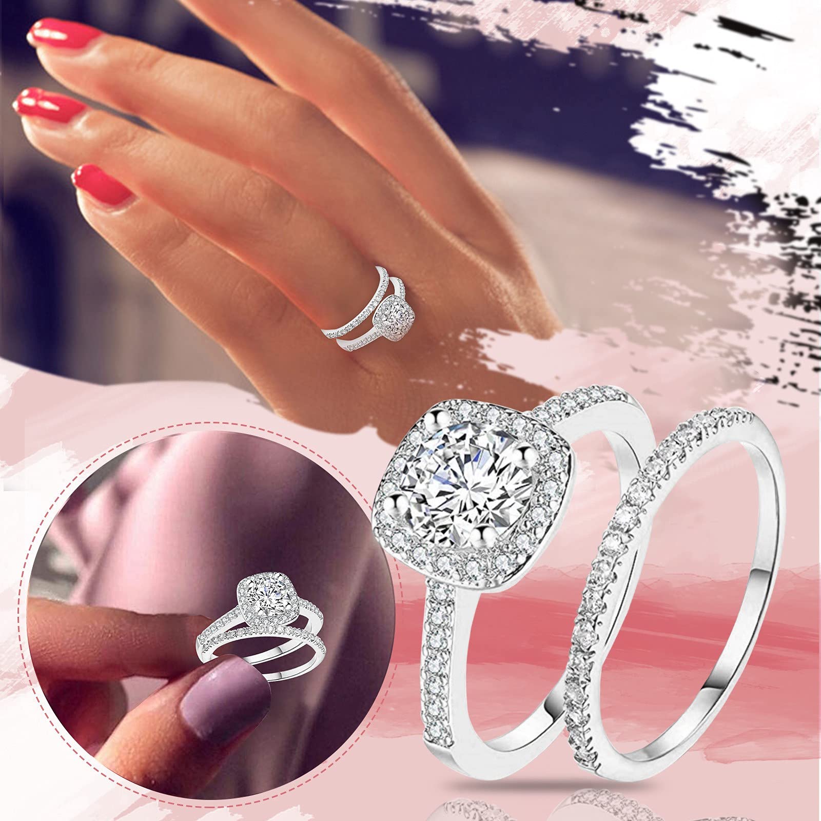 Engagement Rings Wedding Bands Stacking Women Engagement Wedding 2Pcs Set Cubic Zirconia 925 Sterling Silver Rings Size 6-10 for Women/Girl Finger Rings DIY Jewelry Gifts (Silver, 11)