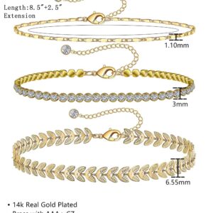 Tennis Gold Ankle Bracelets for Women 14k Gold Plated Anklet Gold Crystal Cubic Zirconia Rhinestone Anklet Leaf Handmade Chain Dainty Layered Anklet Set 3Pcs