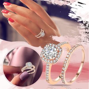 Engagement Rings Wedding Bands Stacking Women Engagement Wedding 2Pcs Set Cubic Zirconia 925 Sterling Silver Rings Size 6-10 for Women/Girl Finger Rings DIY Jewelry Gifts (Rose Gold, 7)