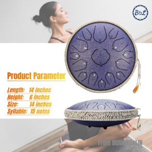 BURNING&LIN Steel Tongue Drum Tongue Drum 15 Notes 14 Inches Handpan Drum Percussion for Meditation Yoga Musical Education for Adult& Kids(Lotus Purple)