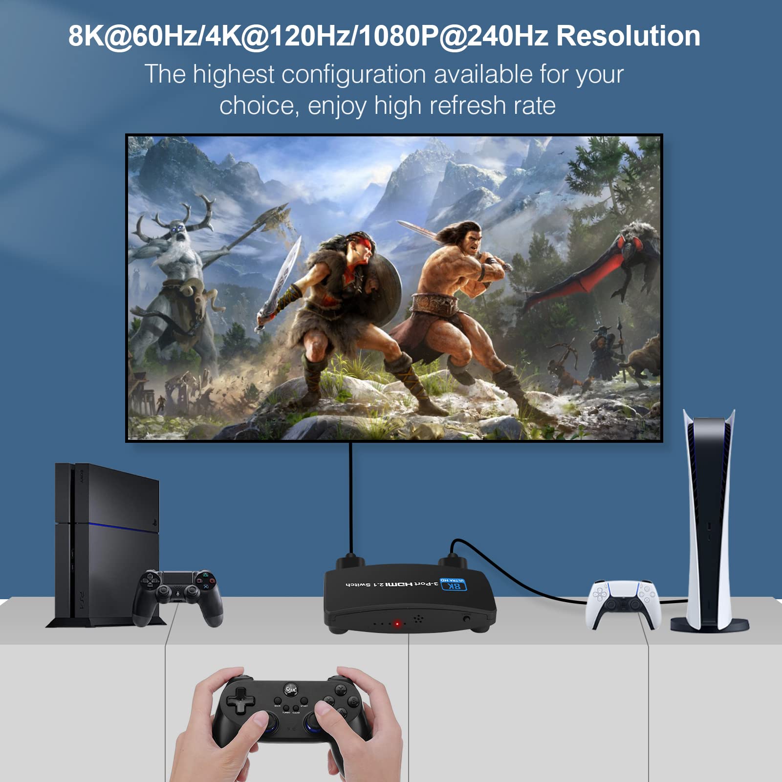 8K@60Hz HDMI 2.1 Switch, HDMI Switch 3 in 1 Out, 3-Port HDMI Switcher Selector, Supports 4K@120Hz, 1080P@240Hz, 1080P@120Hz for Fire Stick, HDTV, PS4/5, Game Consoles with Remote Control