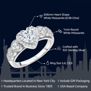 Gem Stone King 925 Sterling Silver White Moissanite Women Engagement Ring (0.98 Cttw, Heart Shape 6MM, Available In Size 5, 6, 7, 8, 9)