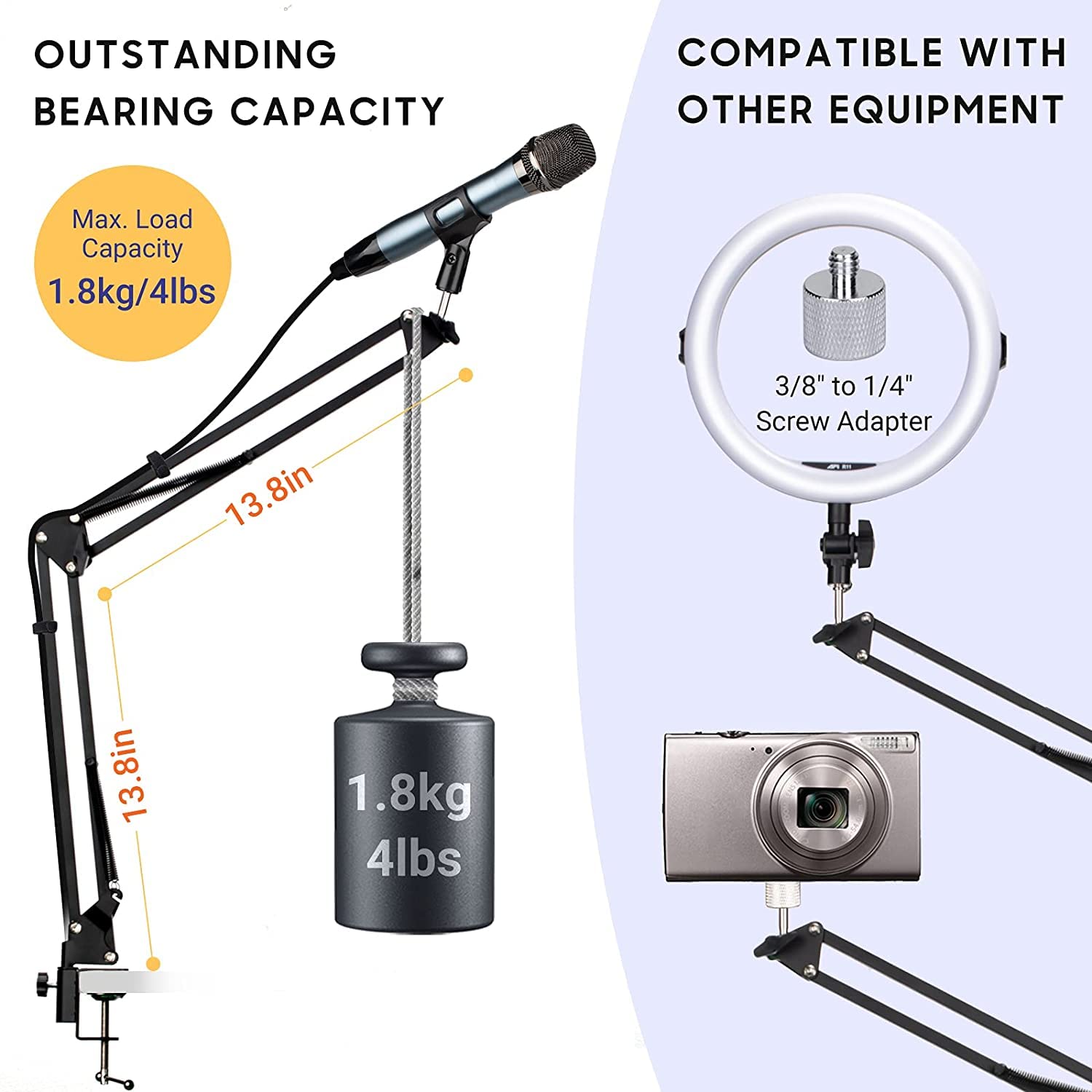 CAHAYA Microphone Arm Stand Boom Suspension Stand with 3/8" to 5/8" Screw Adapter, Mic Clip for Blue Yeti Nano Snowball Ice and Other Mics CY0262-1