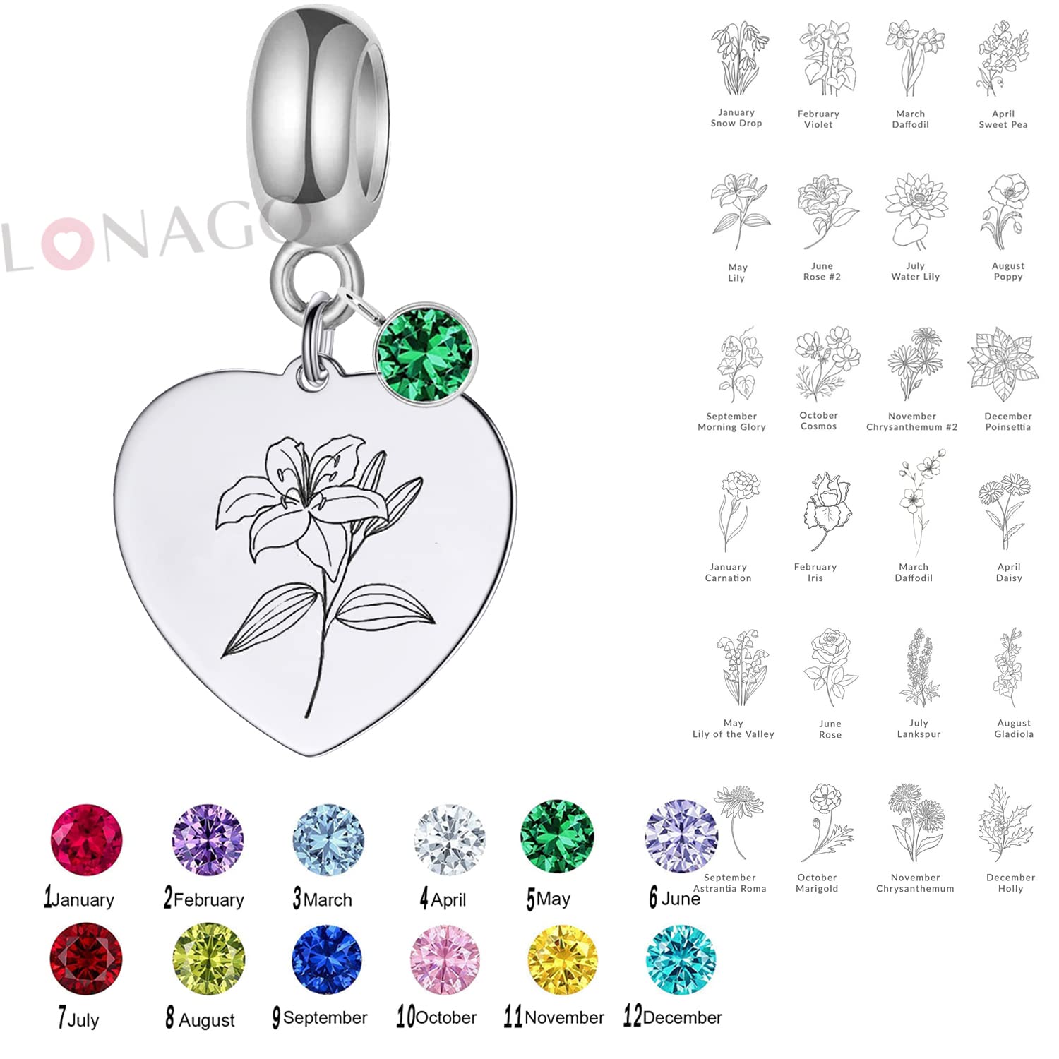 LONAGO Birth Flower Heart Charm Custom Name Charm Bead for Bracelet, Personalized Month Floral Bead Charm Birthday Gift for Women (Sterling Silver-silver color)