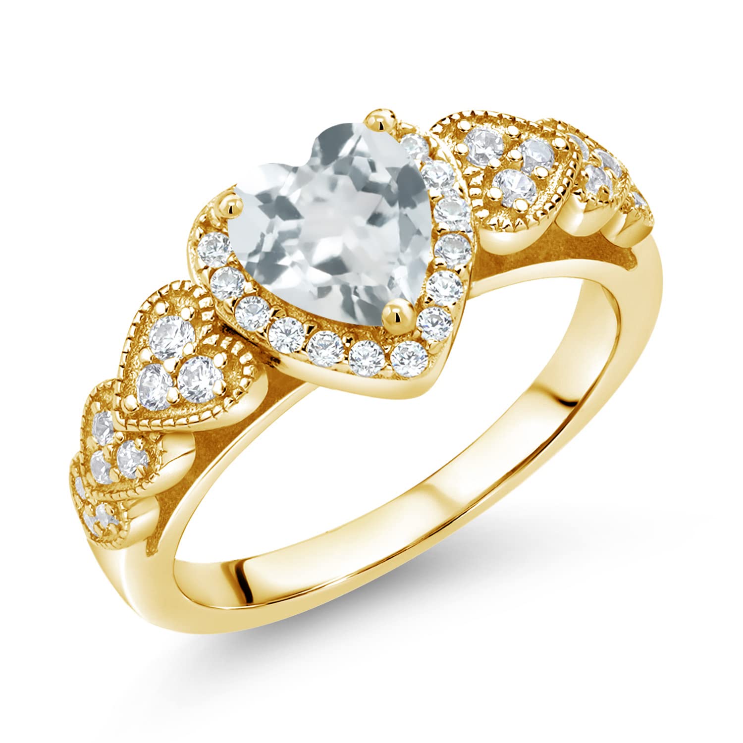 Gem Stone King 18K Yellow Gold Plated Silver Ring Set with Heart Shape Aquamarine and Moissanite (0.91 Cttw) (Size 8)