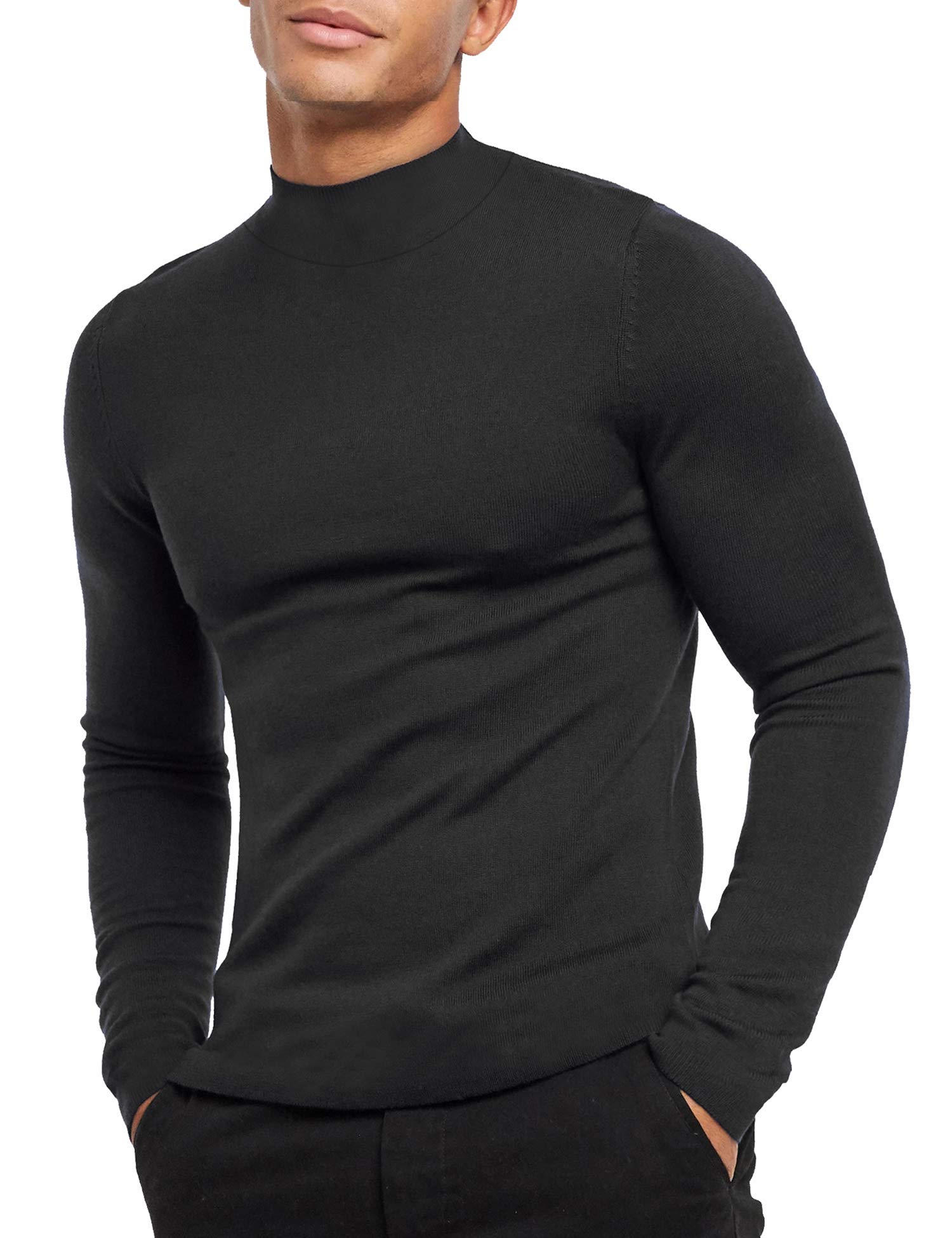 KINGBEGA Men's Regular Fit Basic Lightweight Long Sleeve Pullover Shirt Mock Turtleneck, Black 1, Large