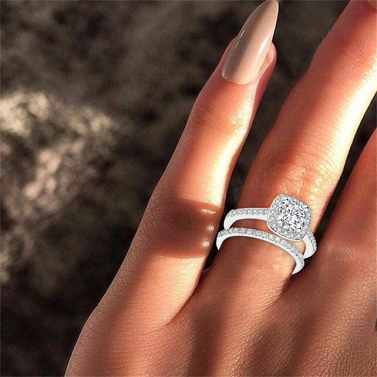 Engagement Rings Wedding Bands Stacking Women Engagement Wedding 2Pcs Set Cubic Zirconia 925 Sterling Silver Rings Size 6-10 for Women/Girl Finger Rings DIY Jewelry Gifts (Silver, 11)