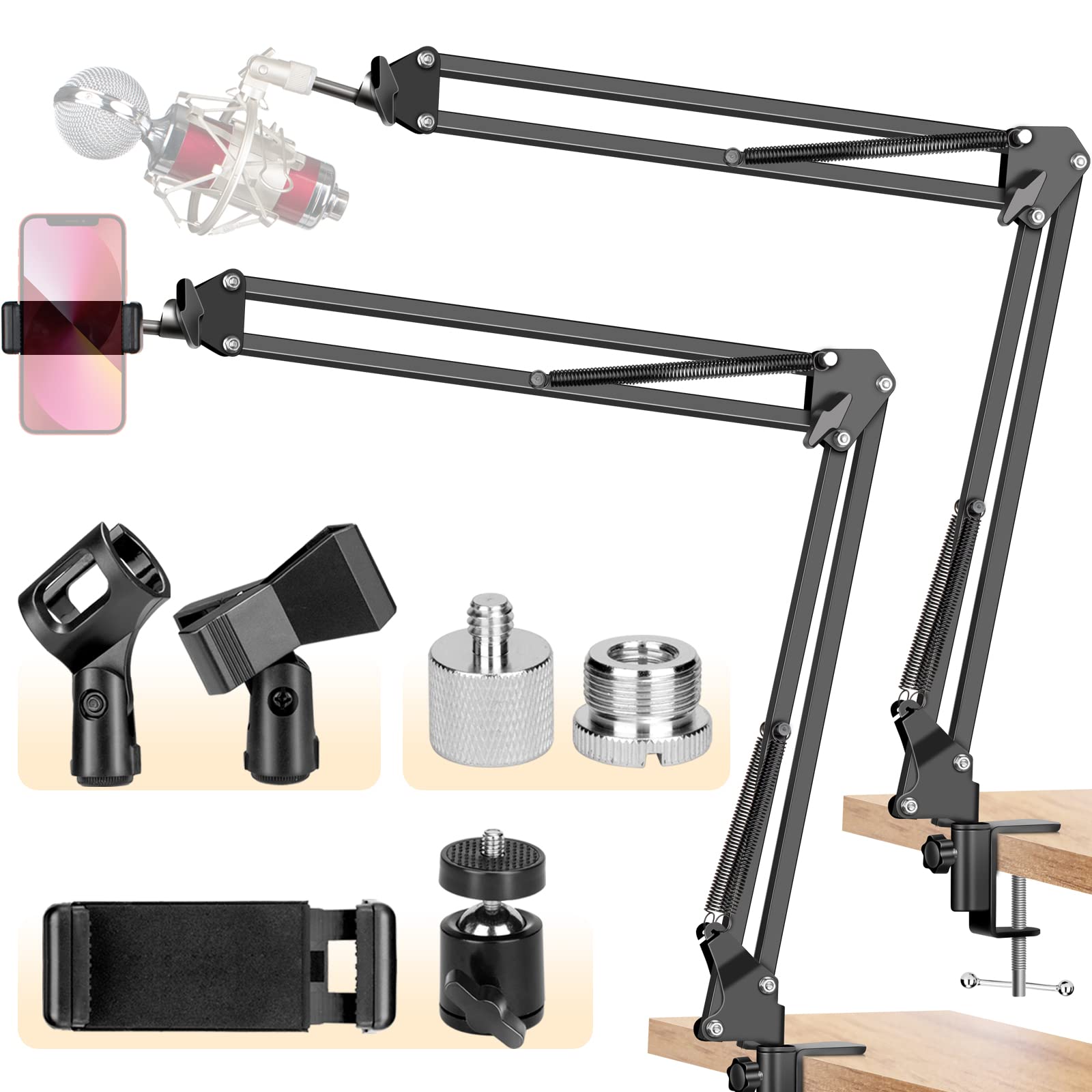 CAHAYA Microphone Arm Stand Boom Suspension Stand with 3/8" to 5/8" Screw Adapter, Mic Clip for Blue Yeti Nano Snowball Ice and Other Mics CY0262-1