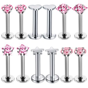 oyaface 12 pcs 16g labret monroe lip rings helix studs tragus earrings piercing jewelry with pink cz