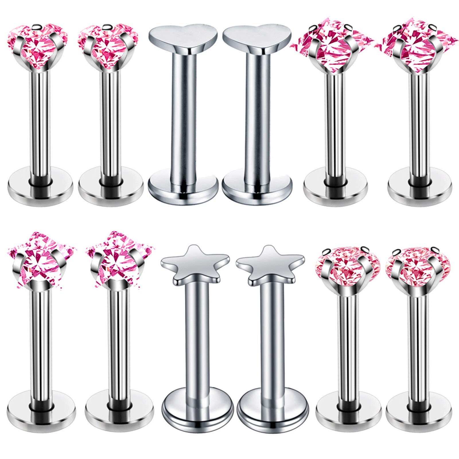 Oyaface 12 PCs 16G Labret Monroe Lip Rings Helix Studs Tragus Earrings Piercing Jewelry with Pink CZ