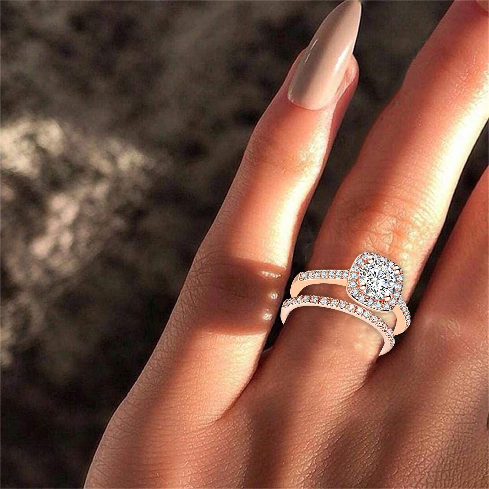 Engagement Rings Wedding Bands Stacking Women Engagement Wedding 2Pcs Set Cubic Zirconia 925 Sterling Silver Rings Size 6-10 for Women/Girl Finger Rings DIY Jewelry Gifts (Rose Gold, 7)