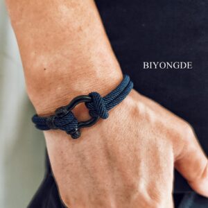 BIYONGDE Dark Blue Nautical Sailor Rope Wrap Bracelet Wristband Bangle Steel Screw Marine Anchor Shackles, Two-row