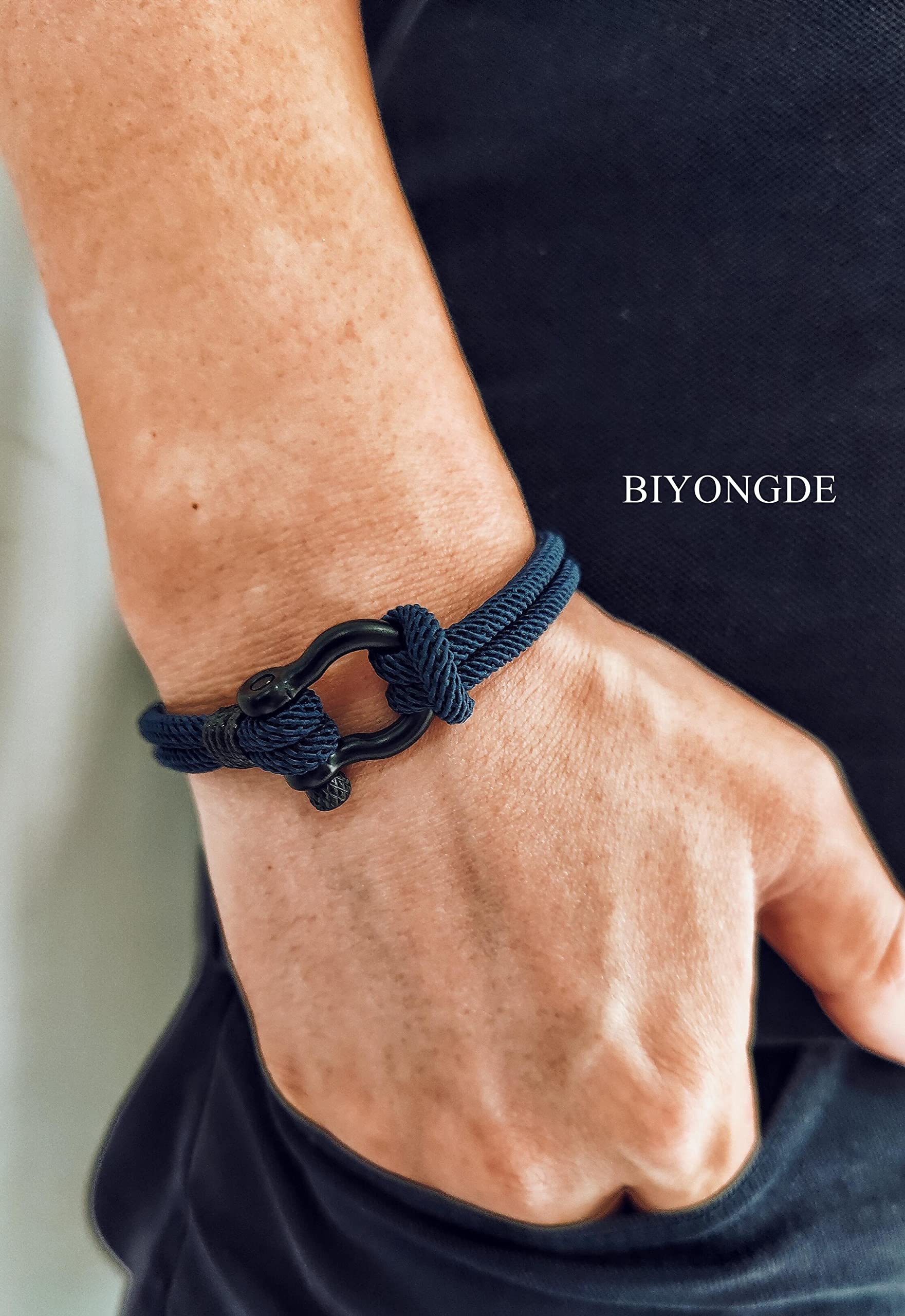 BIYONGDE Dark Blue Nautical Sailor Rope Wrap Bracelet Wristband Bangle Steel Screw Marine Anchor Shackles, Two-row