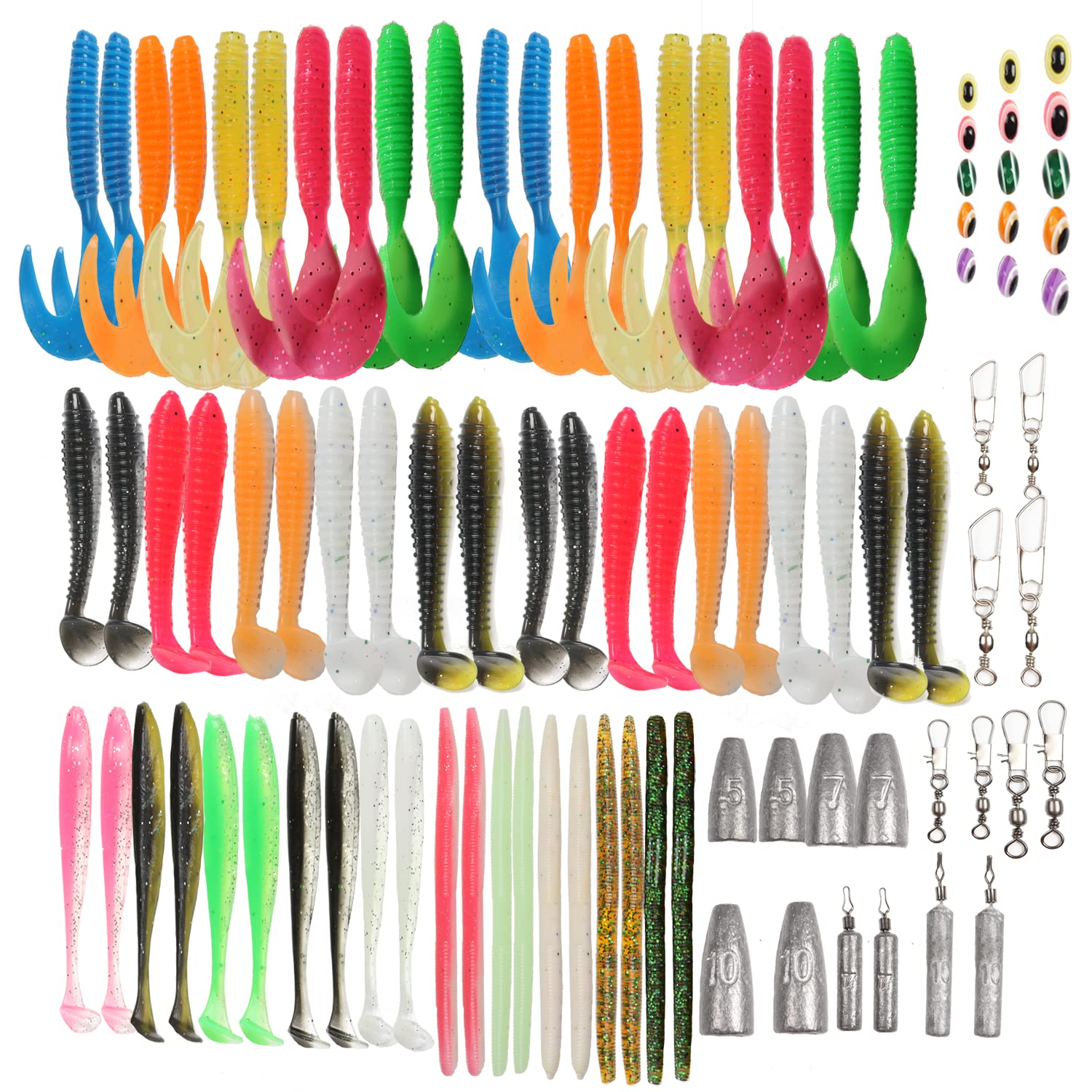 YOUHOT Fishing Lures Soft Bionic Bait 93PCS Set with Paddle Tail Swimbaits Worms Fishing Swivels & Snaps Weights Beads for Bass Fishing