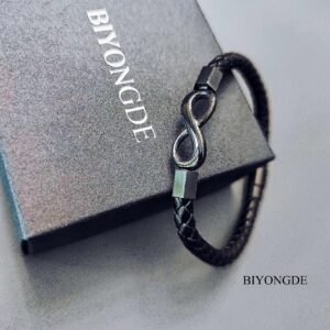 BIYONGDE Black Braided Leather Bangle Bracelet, Black Steel Friendship Infinity Love Knot Number 8, Mens Womens