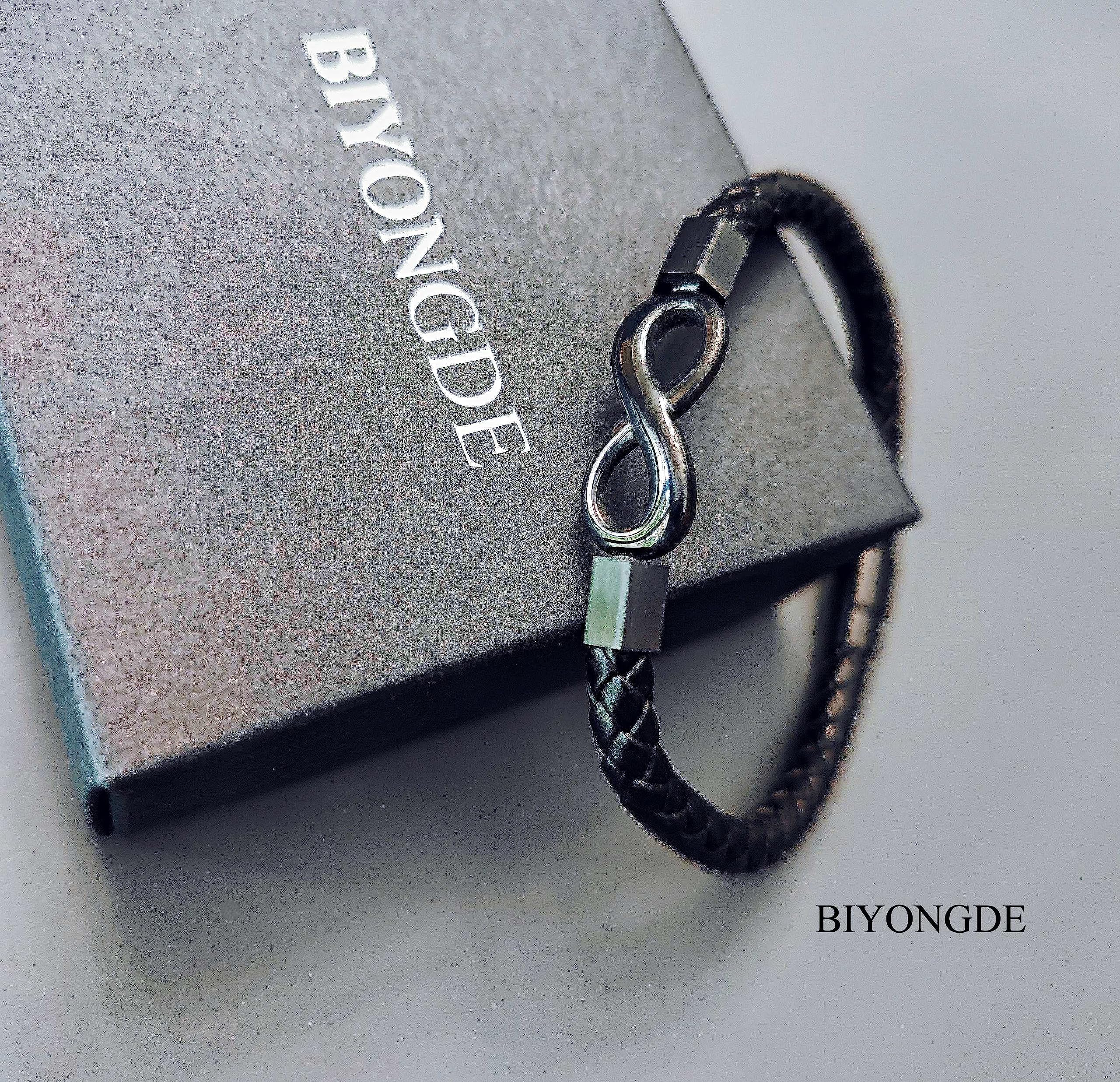 BIYONGDE Black Braided Leather Bangle Bracelet, Black Steel Friendship Infinity Love Knot Number 8, Mens Womens