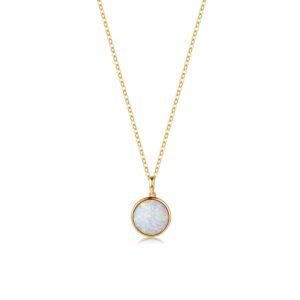 agvana 14k solid real yellow gold opal necklace for women round disc coin pendant necklace fine jewelry birthday gifts for women mom grandma wife daughter her