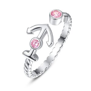 KINGWHYTE Anchor Ring S925 Sterling Silver Adjustable Open Ring with Pink Cubic Zirconia Anchor Jewelry Gifts for Women