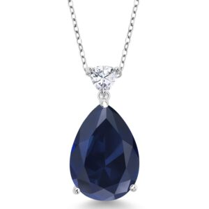 Gem Stone King 925 Sterling Silver Created Blue Sapphire and White Moissanite Teardrop Pendant Necklace For Women (13.10 Cttw, Pear Shape 18X13MM, With 18 Inch Chain)