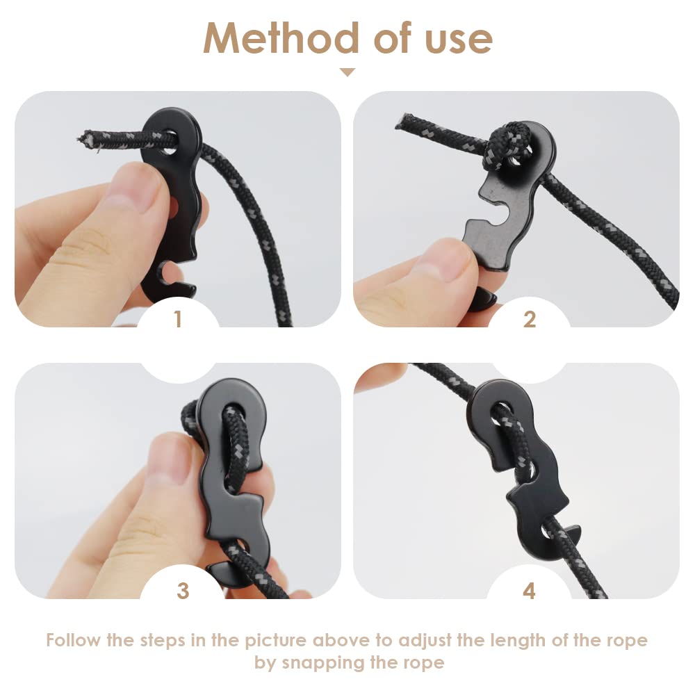 NODG 10 Pieces Aluminum Alloy Guyline Cord Adjusters Rope Cord Adjusters Tent Tensioners Tent Wind Rope Buckles Camping Accessories for Tent Camping Hiking Backpacking Outdoor Activity