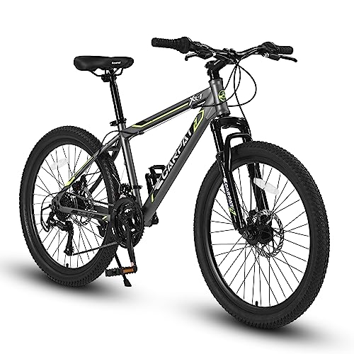 Elecony Mountain Bike 24 Inch Wheels Shimano 21 Speed Trail Bicycle with Steel Frame Double Disc Brake Full MTB Suspension Fork for Teens Adults