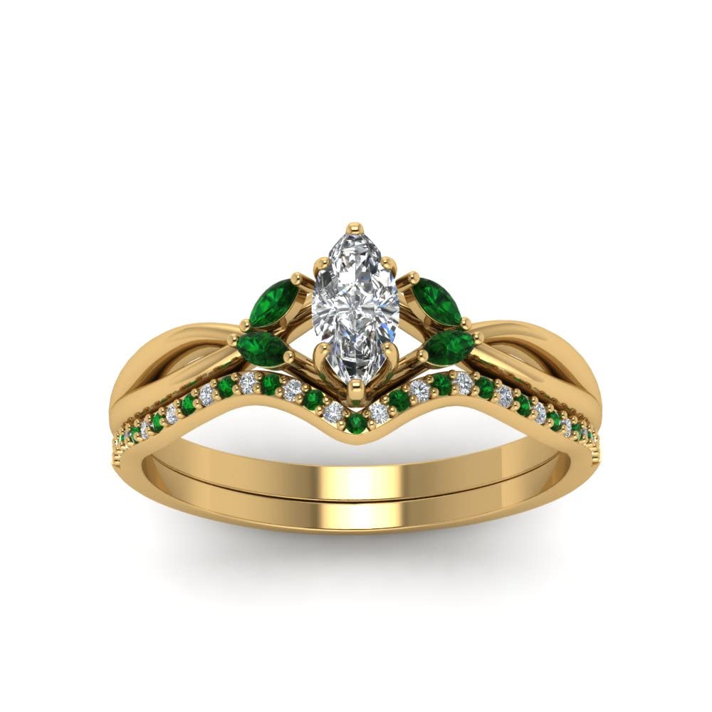 CaratYogi Marquise Cut Twisted Diamond Bridal Set yellow gold plated Created Emerald Marquise shape Green color Wedding Ring Sets prong Setting in Size 6 Handcraft Chakra Healing