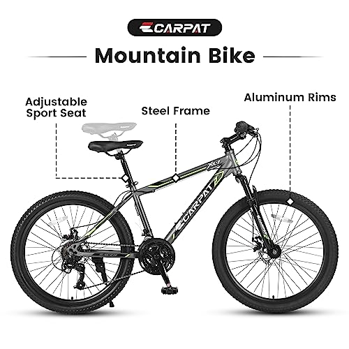 Elecony Mountain Bike 24 Inch Wheels Shimano 21 Speed Trail Bicycle with Steel Frame Double Disc Brake Full MTB Suspension Fork for Teens Adults