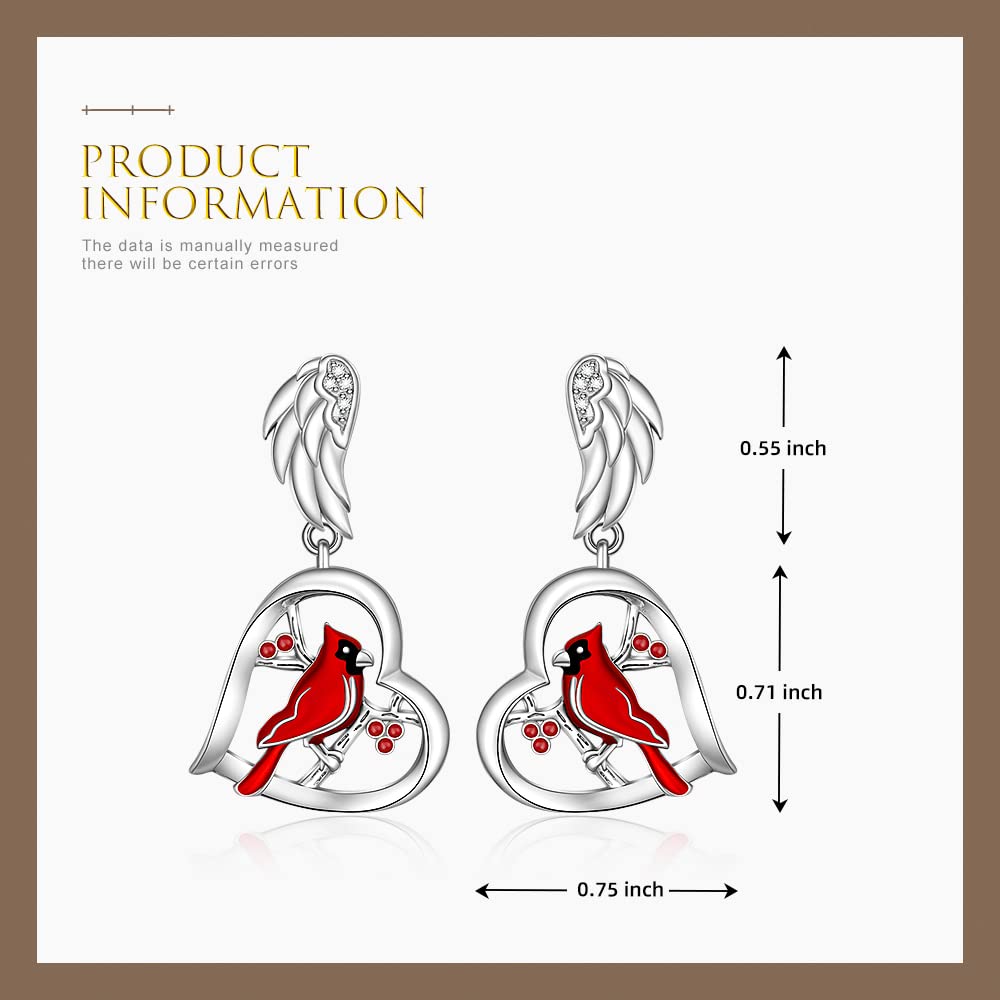 Cardinal Earrings for Women Sterling Silver Cardinal Appear When Angels Are Near Heart Red Bird Jewelry Dangle Memorial Gifts Angel Wing Studs