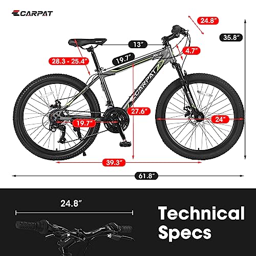 Elecony Mountain Bike 24 Inch Wheels Shimano 21 Speed Trail Bicycle with Steel Frame Double Disc Brake Full MTB Suspension Fork for Teens Adults