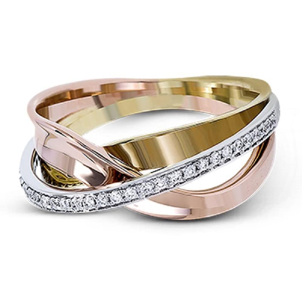 925 Sterling Silver Women's Fashion Tricolor Geometric Line Cross Ring in 18K Rose Gold Ring Sparkling Full Diamond Ring Multi Row Cross Ring Eternity Engagement Wedding Rings Sizes 6-10 562 (7)