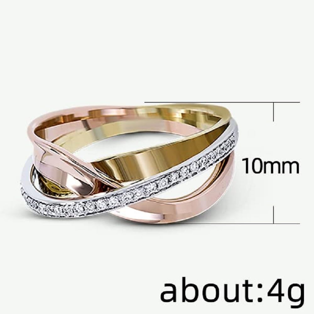 925 Sterling Silver Women's Fashion Tricolor Geometric Line Cross Ring in 18K Rose Gold Ring Sparkling Full Diamond Ring Multi Row Cross Ring Eternity Engagement Wedding Rings Sizes 6-10 562 (7)