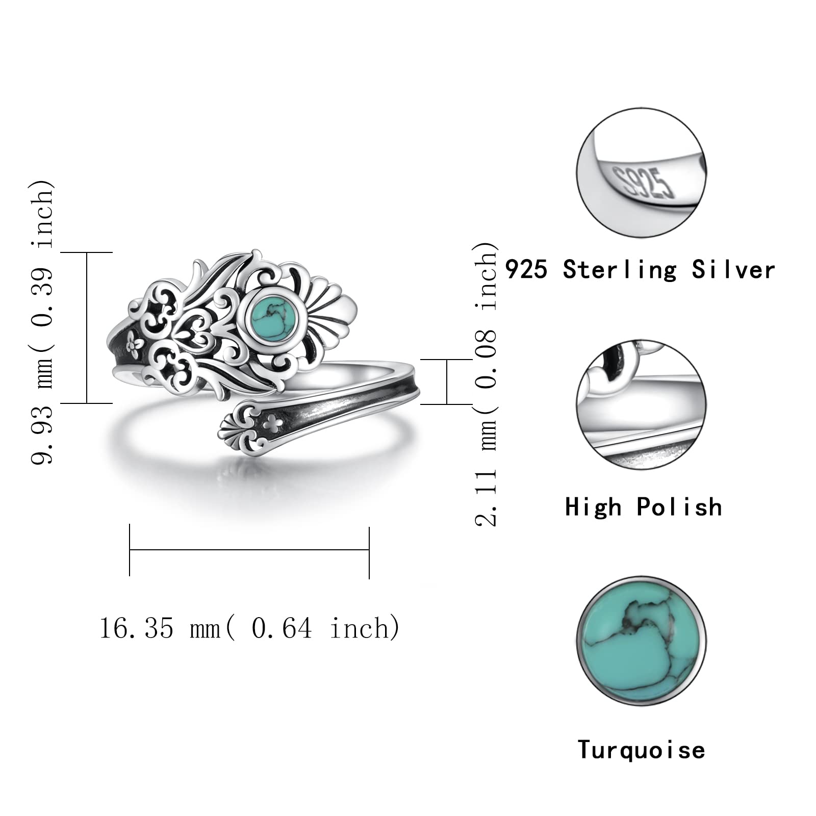 APOTIE Sterling Silver Turquoise Spoon Ring - S925 Victorian Vintage Flower Thumb for Women