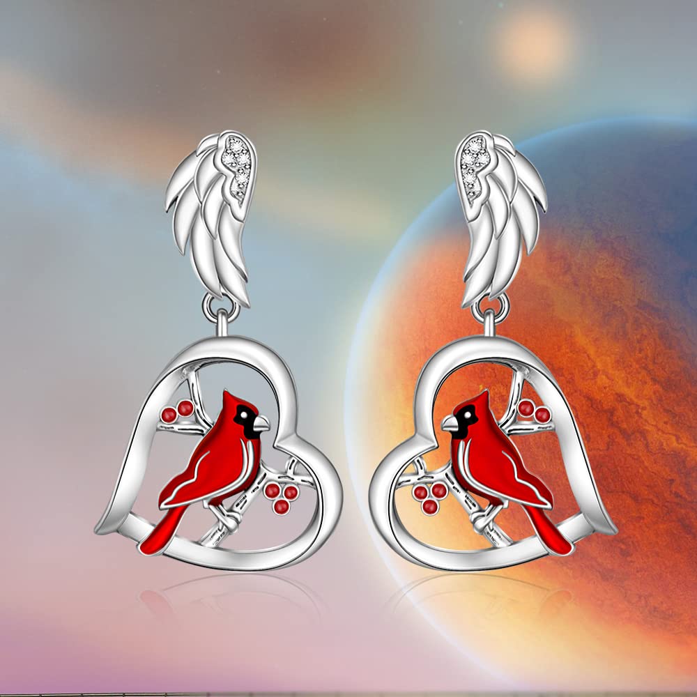 Cardinal Earrings for Women Sterling Silver Cardinal Appear When Angels Are Near Heart Red Bird Jewelry Dangle Memorial Gifts Angel Wing Studs