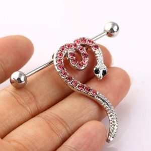 14G Coiled Snake Industrial Barbell Earring, Stainless Steel Cartilage Body Piercing Jewelry- Snake with Pink Rhinestone- Industrial Piercing Bar for Women, 38mm, 3.8x1.6cm (XIF71724627D30BGSMAW6)