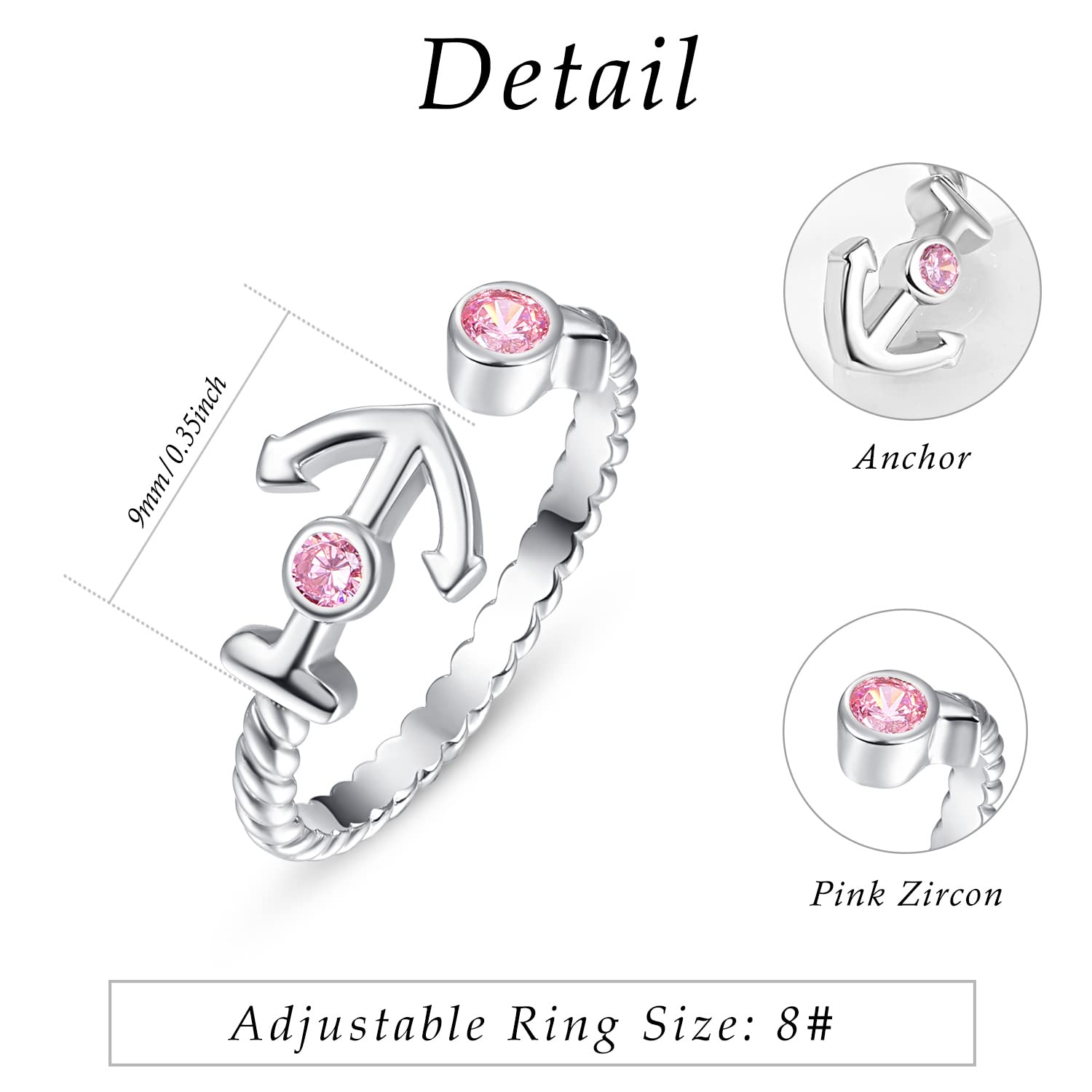 KINGWHYTE Anchor Ring S925 Sterling Silver Adjustable Open Ring with Pink Cubic Zirconia Anchor Jewelry Gifts for Women