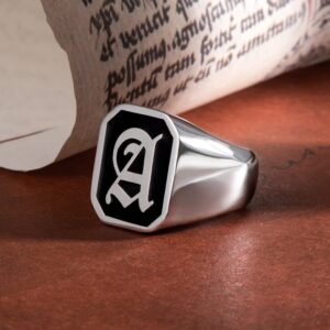 AILIN Custom Old English Gothic Initial Rings for Men 925 Sterling Silver Personalized Letter Signet Band Rings Father Day Jewelry Birhday Gifts for Friends Dad Women